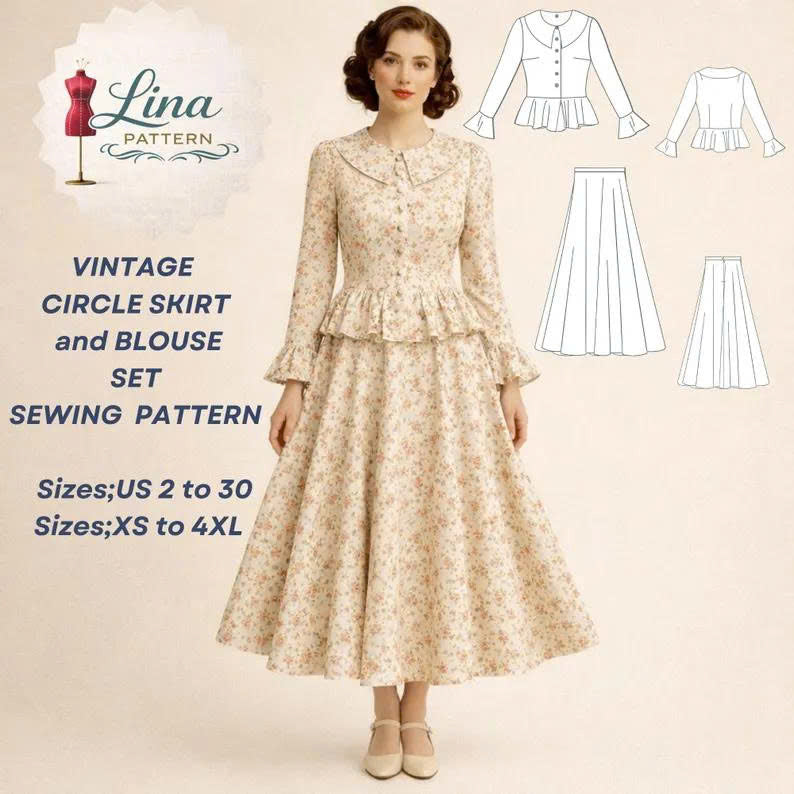 Vintage Circle Skirt and Blouse Sewing Pattern, Ruffle Details (XS-4XL) (Digital PDF Download)