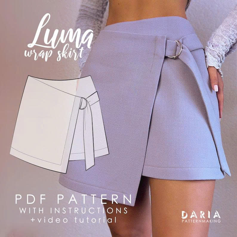 Wrap Skirt Sewing Pattern PDF | Easy Mini Skirt Pattern with D-Ring Buckle | Asymmetrical A-Line Skirt Download | Sizes EU 32-56 / US 0-24