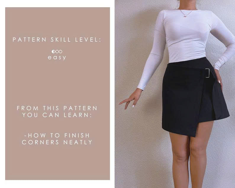 Wrap Skirt Sewing Pattern PDF | Easy Mini Skirt Pattern with D-Ring Buckle | Asymmetrical A-Line Skirt Download | Sizes EU 32-56 / US 0-24