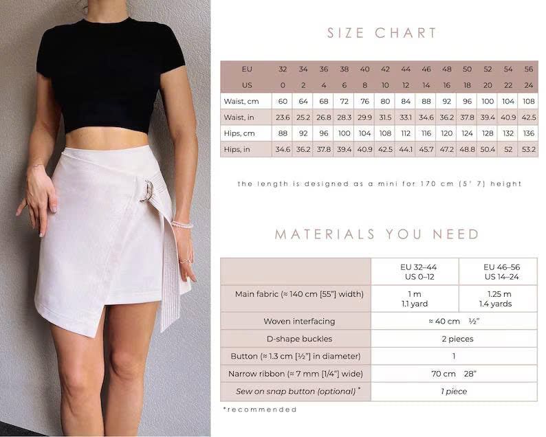 Wrap Skirt Sewing Pattern PDF | Easy Mini Skirt Pattern with D-Ring Buckle | Asymmetrical A-Line Skirt Download | Sizes EU 32-56 / US 0-24