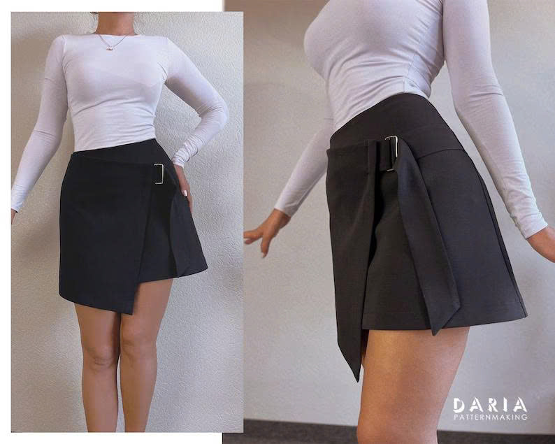 Wrap Skirt Sewing Pattern PDF | Easy Mini Skirt Pattern with D-Ring Buckle | Asymmetrical A-Line Skirt Download | Sizes EU 32-56 / US 0-24