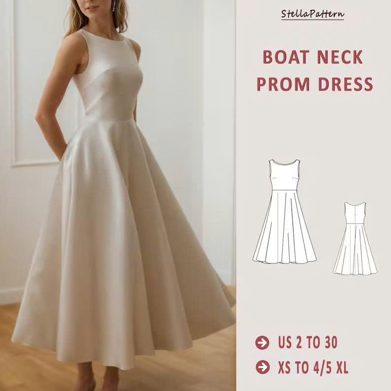 Boat Neck Midi Dress Sewing Pattern: XS-4XL (Digital Download)