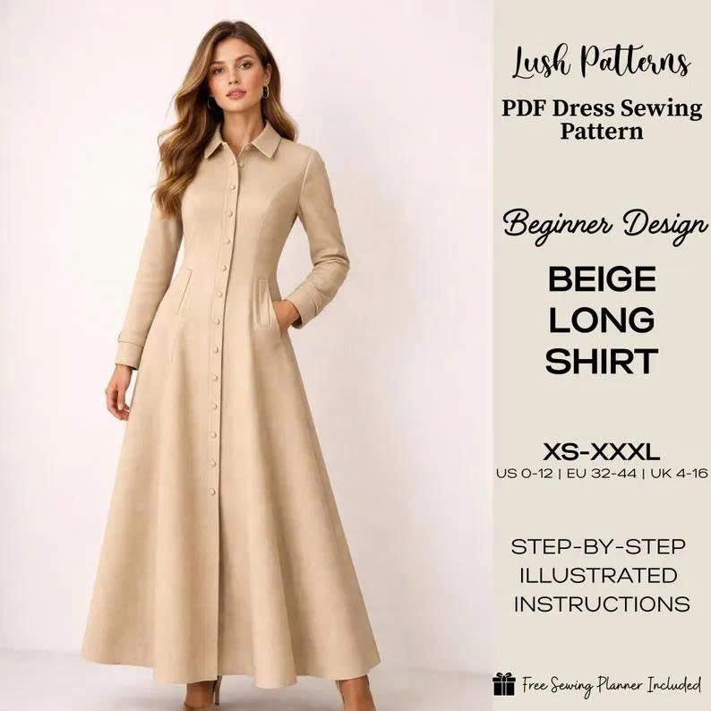 Maxi Shirt Dress Sewing Pattern | Beginner Friendly (XS–XXXL) (PDF Pattern)