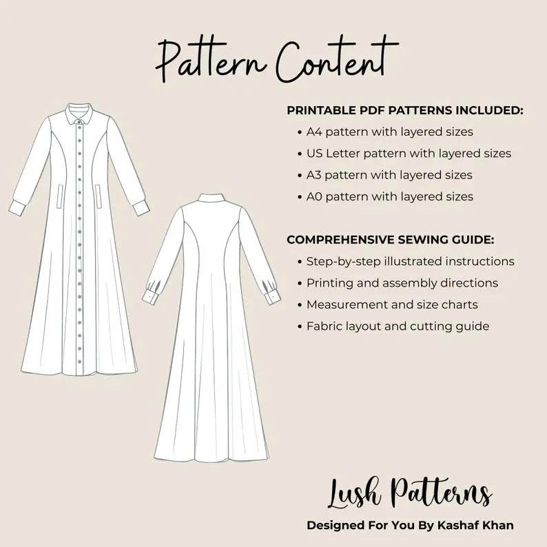 Maxi Shirt Dress Sewing Pattern | Beginner Friendly (XS–XXXL) (PDF Pattern)