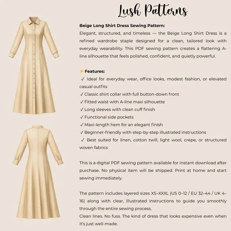 Maxi Shirt Dress Sewing Pattern | Beginner Friendly (XS–XXXL) (PDF Pattern)