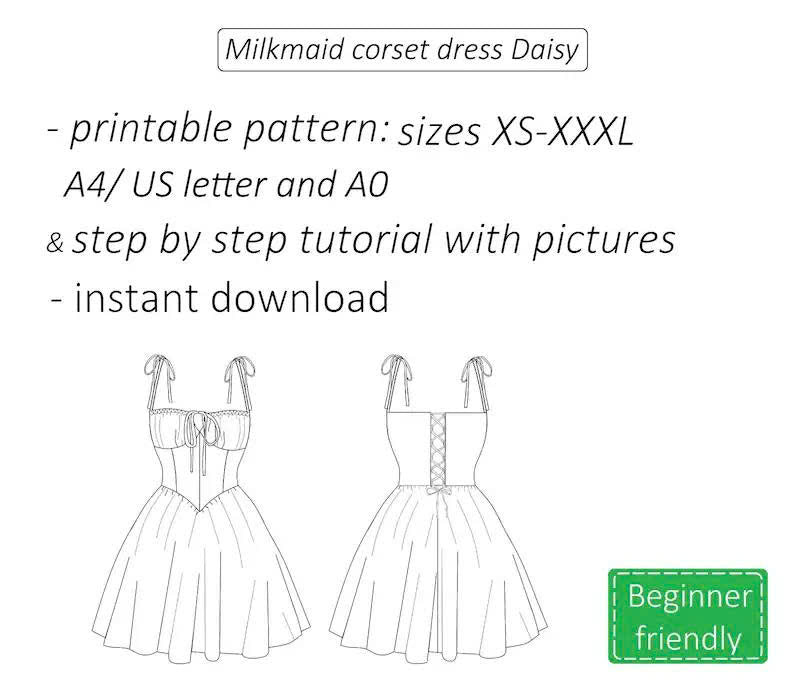 Milkmaid dress pattern Daisy, corset dress sewing pattern sundress, mini summer dress pattern for women - PDF download, XS - XXXL