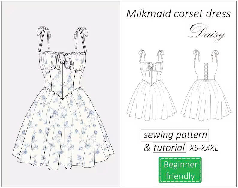 Milkmaid dress pattern Daisy, corset dress sewing pattern sundress, mini summer dress pattern for women - PDF download, XS - XXXL