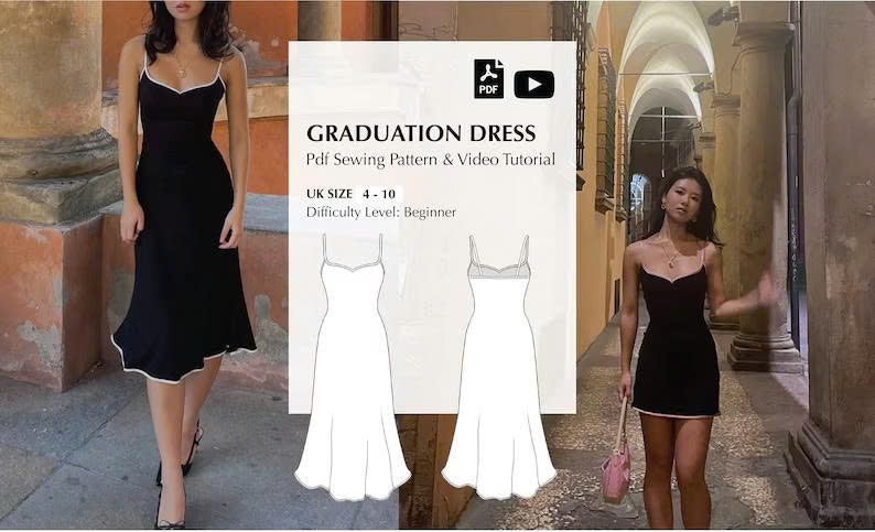 Slip Dress Sewing Pattern PDF | Graduation Dress Pattern with Video Tutorial, Beginner Cami Dress Pattern, Midi & Mini Stretch Dress, Size 4-20