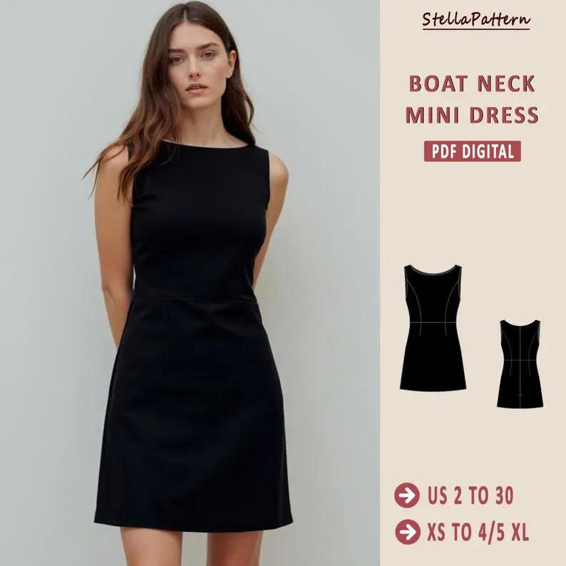 Boat Neck A Line Mini Dress Sewing Pattern PDF | Sleeveless Shift Dress Pattern, Advanced Beginner Elegant Dress PDF, Plus Size 4XL, Gift Skirt