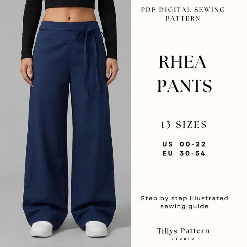 Low Waist Wide Leg Pants Sewing Pattern| Yoke Pants With Waist Tie| Women Pants Sewing Pattern| Sewing tutorial| US 00-22