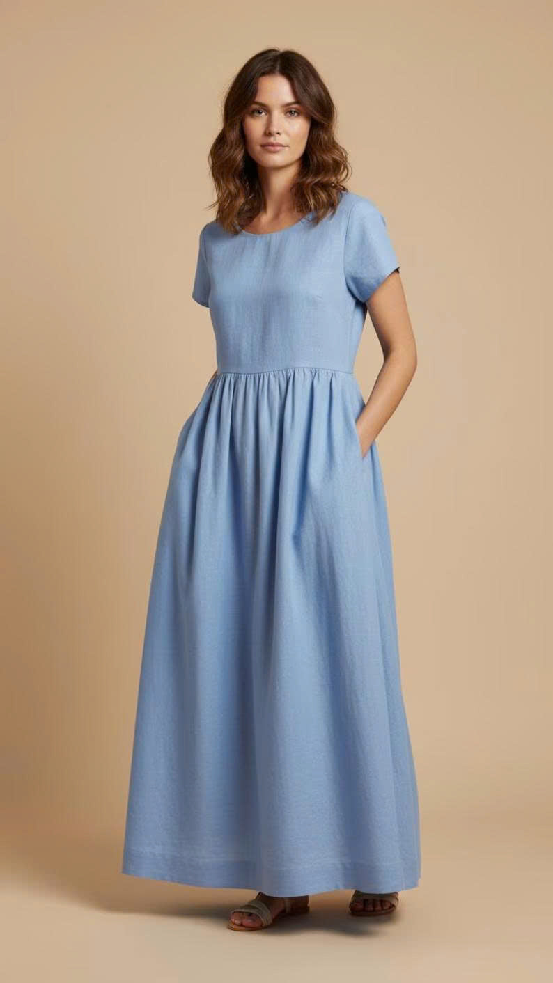 Linen Maxi Dress Sewing Pattern PDF | Easy Empire Waist Dress | Short Sleeve Summer Dress | Beginner Friendly | XS–5XL