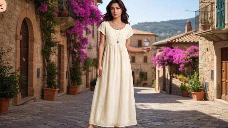 Linen Maxi Dress Sewing Pattern PDF | Easy Empire Waist Dress | Short Sleeve Summer Dress | Beginner Friendly | XS–5XL