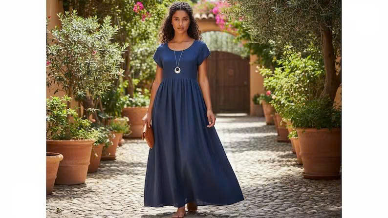 Linen Maxi Dress Sewing Pattern PDF | Easy Empire Waist Dress | Short Sleeve Summer Dress | Beginner Friendly | XS–5XL
