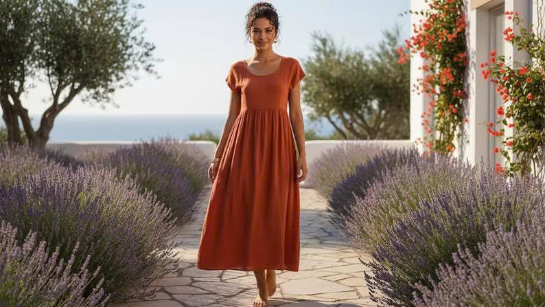 Linen Maxi Dress Sewing Pattern PDF | Easy Empire Waist Dress | Short Sleeve Summer Dress | Beginner Friendly | XS–5XL