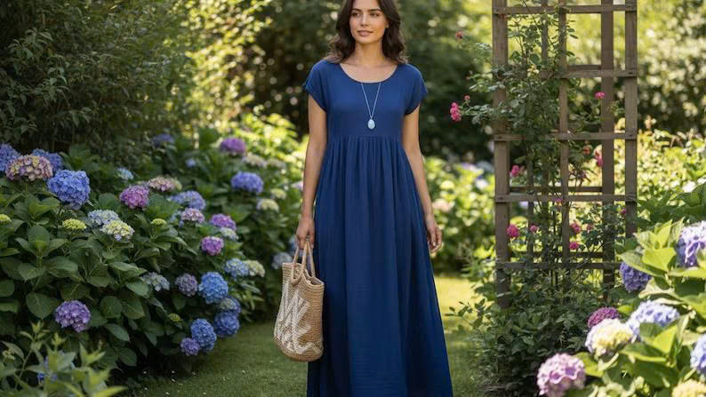 Linen Maxi Dress Sewing Pattern PDF | Easy Empire Waist Dress | Short Sleeve Summer Dress | Beginner Friendly | XS–5XL