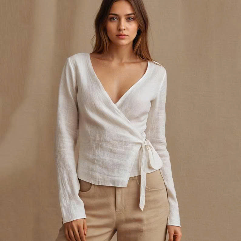 Wrap Top Sewing Pattern: Long Sleeve Tie Blouse (PDF Download)