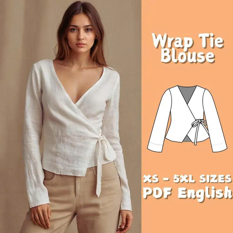 Wrap Top Sewing Pattern: Long Sleeve Tie Blouse (PDF Download)
