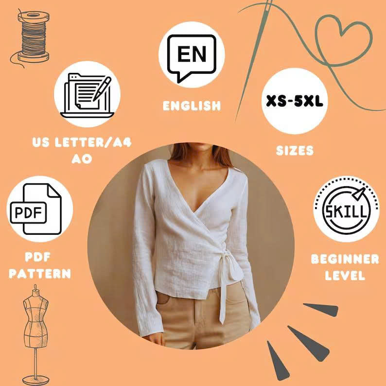 Wrap Top Sewing Pattern: Long Sleeve Tie Blouse (PDF Download)