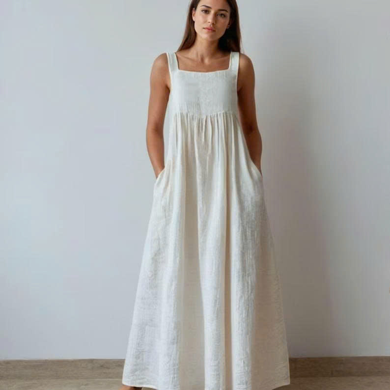 Linen Maxi Dress Sewing Pattern - PDF, Sleeveless Boho Summer Dress with Pockets, Gathered Waist, Sizes XS-5XL