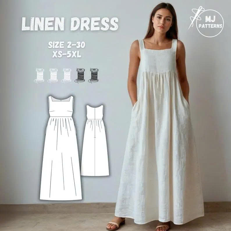 Linen Maxi Dress Sewing Pattern - PDF, Sleeveless Boho Summer Dress with Pockets, Gathered Waist, Sizes XS-5XL