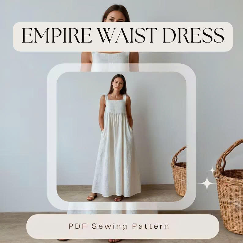 Linen Maxi Dress Sewing Pattern - PDF, Sleeveless Boho Summer Dress with Pockets, Gathered Waist, Sizes XS-5XL