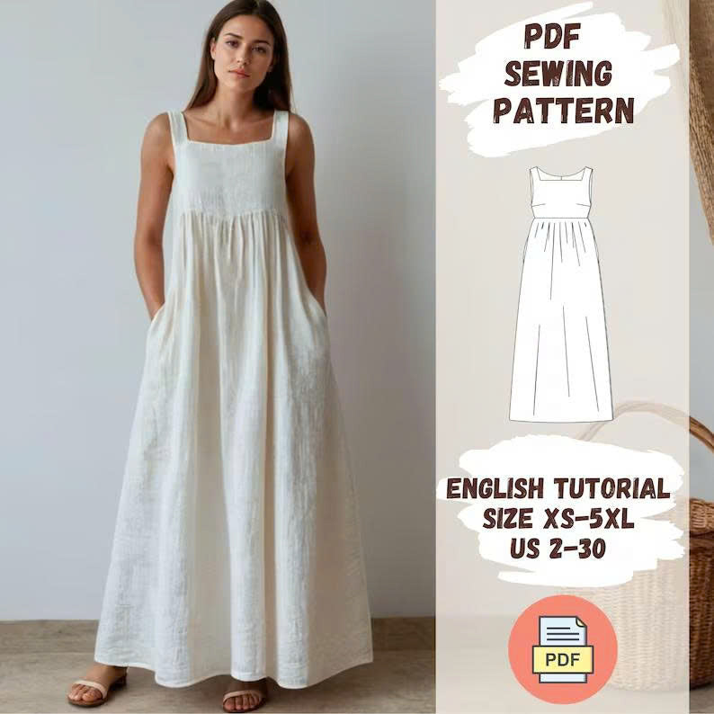 Linen Maxi Dress Sewing Pattern - PDF, Sleeveless Boho Summer Dress with Pockets, Gathered Waist, Sizes XS-5XL