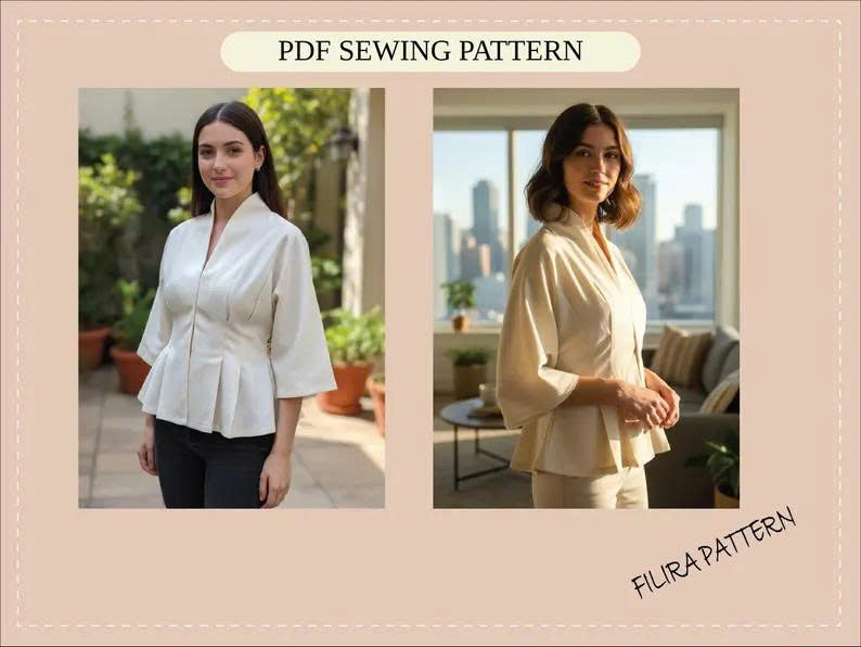 Pleated Blouse Sewing Pattern | Kimono Sleeves, Stand-Up Collar (PDF Pattern)