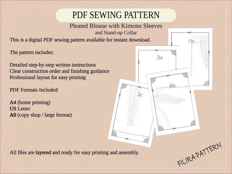 Pleated Blouse Sewing Pattern | Kimono Sleeves, Stand-Up Collar (PDF Pattern)