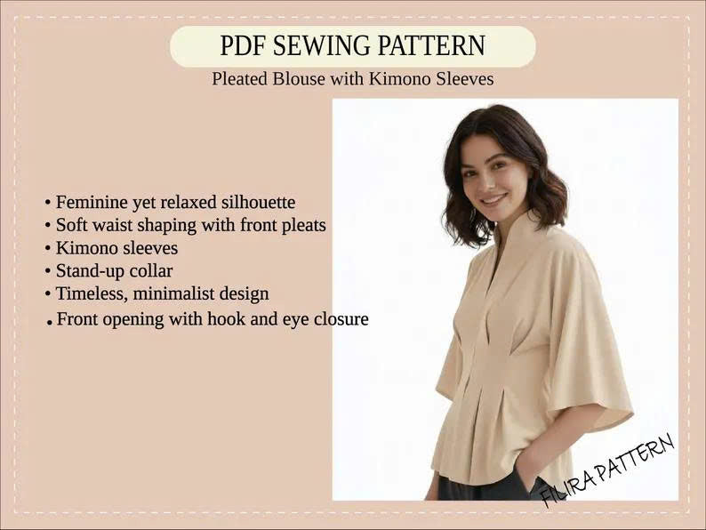 Pleated Blouse Sewing Pattern | Kimono Sleeves, Stand-Up Collar (PDF Pattern)