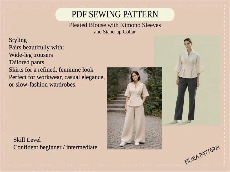 Pleated Blouse Sewing Pattern | Kimono Sleeves, Stand-Up Collar (PDF Pattern)