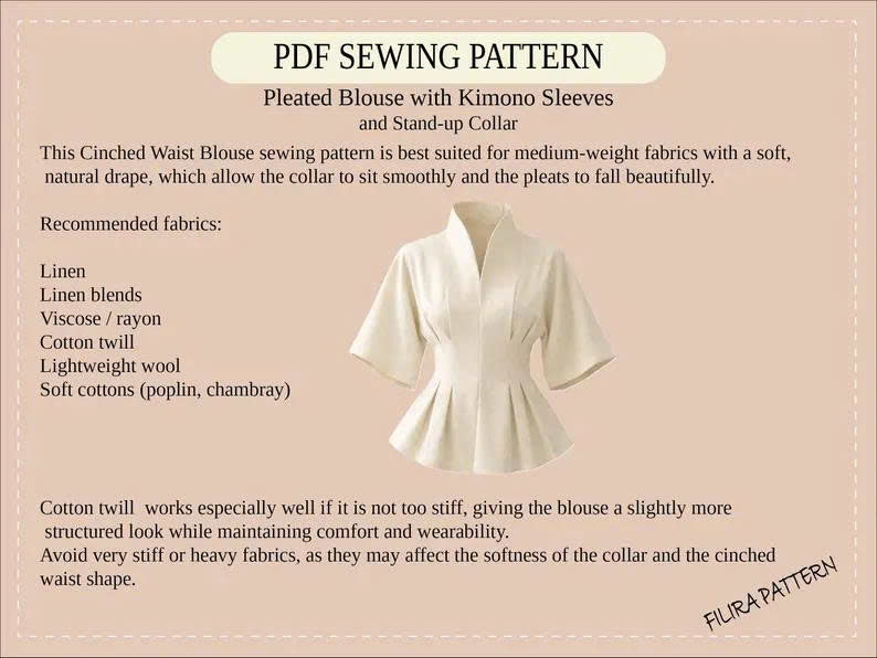 Pleated Blouse Sewing Pattern | Kimono Sleeves, Stand-Up Collar (PDF Pattern)