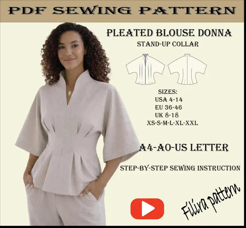 Pleated Blouse Sewing Pattern | Kimono Sleeves, Stand-Up Collar (PDF Pattern)