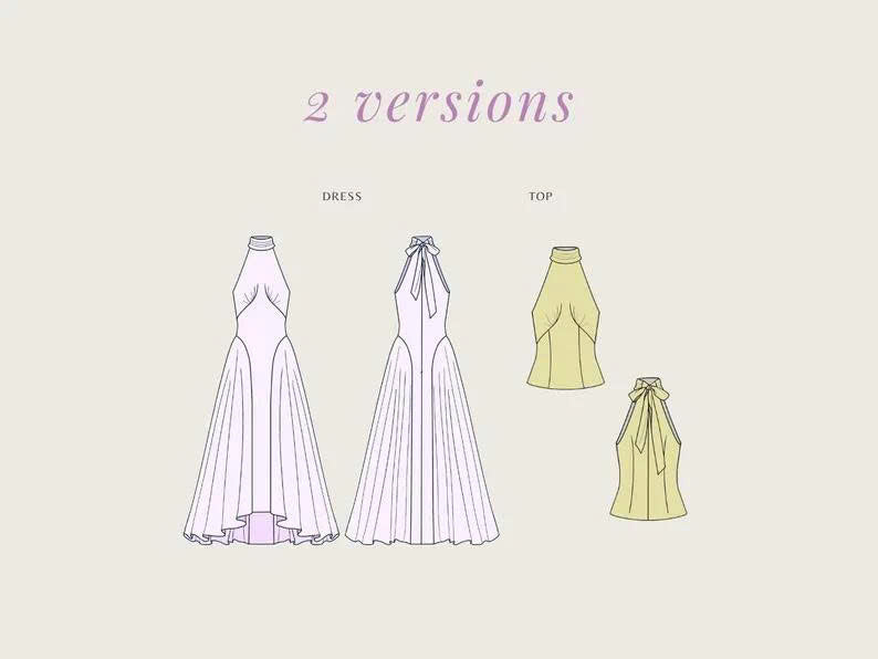 Halter Neck Tie Dress and Top Sewing Pattern with Bust Pleats Side Panels | Valentine dress PDF Download