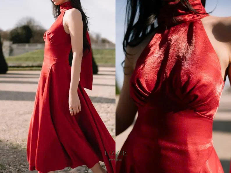 Halter Neck Tie Dress and Top Sewing Pattern with Bust Pleats Side Panels | Valentine dress PDF Download