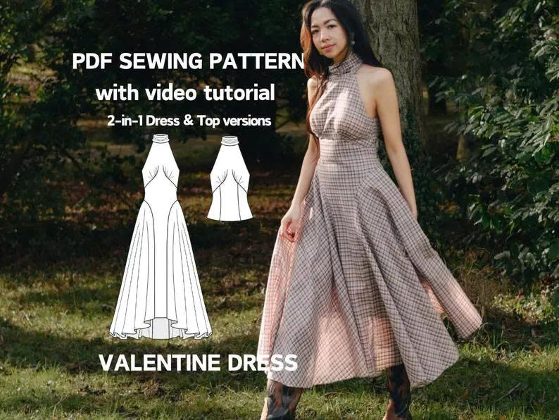 Halter Neck Tie Dress and Top Sewing Pattern with Bust Pleats Side Panels | Valentine dress PDF Download