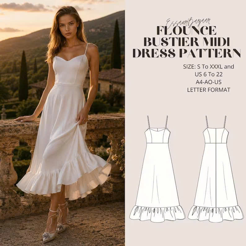 Flounce Midi Dress Pattern, PDF Sewing Pattern Dress, Easy Wedding Midi Dress Sewing Pattern, Summer Dress Pattern XS-4XL