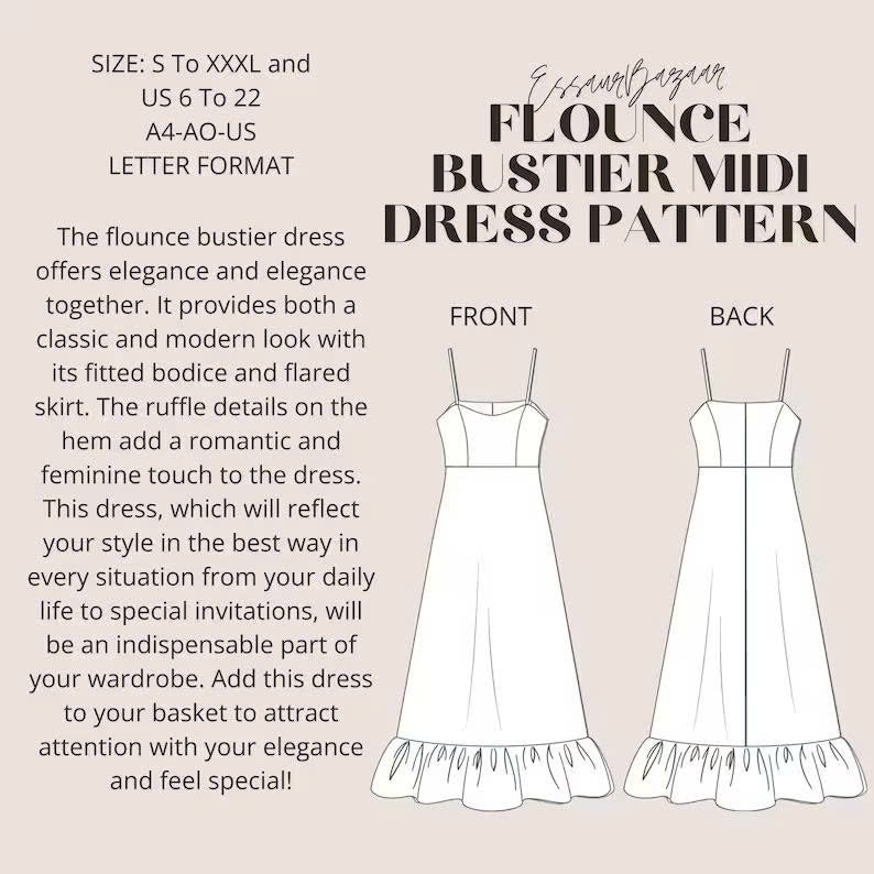 Flounce Midi Dress Pattern, PDF Sewing Pattern Dress, Easy Wedding Midi Dress Sewing Pattern, Summer Dress Pattern XS-4XL